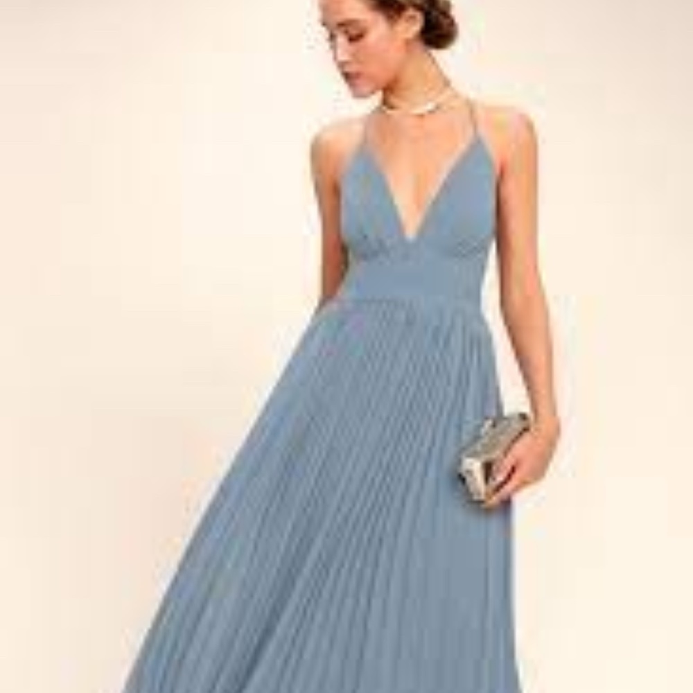 LULU'S Dusty Slate Blue Pleated Dress